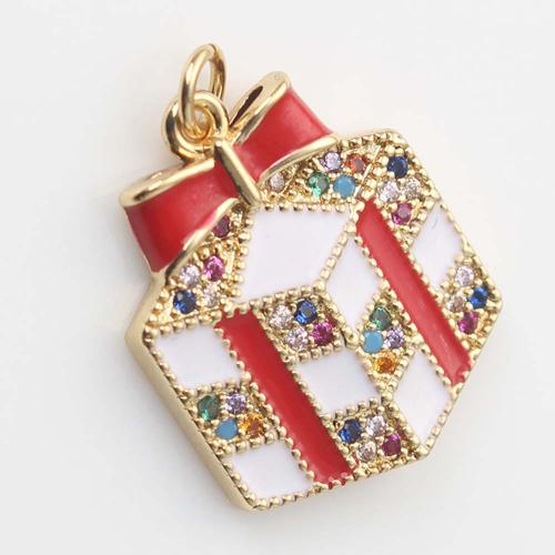 Cubic Zirconia Micro Pave Brass Pendant, gift shape, gold color plated, DIY & micro pave cubic zirconia & enamel, red 