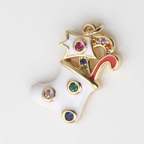 Cubic Zirconia Micro Pave Brass Pendant, Christmas Sock, gold color plated, DIY & micro pave cubic zirconia & enamel, white 