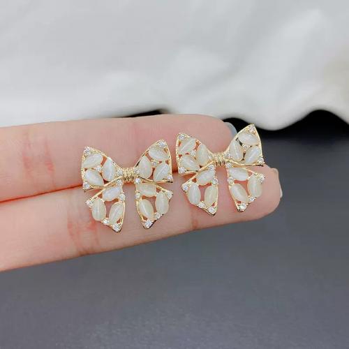 Zinc Alloy Rhinestone Stud Earring, with Cats Eye, Bowknot, plated, fashion jewelry & with rhinestone, golden 