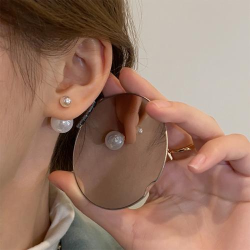 Boucle d'oreille en alliage de zinc en plastique perle, avec Plastique ABS perle, Rond, Placage, bijoux de mode, blanc Vendu par paire