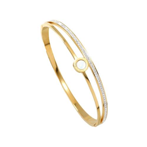 Stainless Steel Bangle, 304 Stainless Steel, with Shell, plated & micro pave cubic zirconia & for woman, golden, Inner Approx 60mm 