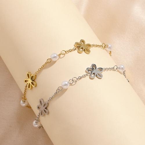 Stainless Steel Chain Bracelets, 304 Stainless Steel, with Plastic Pearl, with 5CM extender chain, plated, for woman Approx 18 cm 