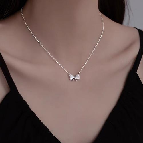 Sterling Silver Jewelry Necklace, 925 Sterling Silver, with Cats Eye, with 5.5CM extender chain, Bowknot, plated, for woman, silver color Approx 40 cm 