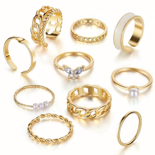 Zinc Alloy Ring Set, with Crystal & Plastic Pearl, gold color plated & for woman & hollow 