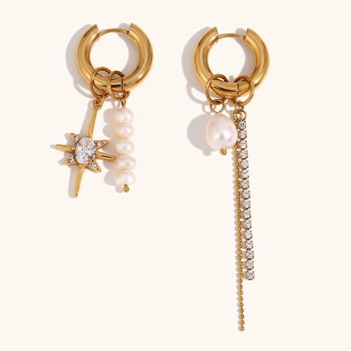Asymmetric Earrings, 316L Stainless Steel, with Freshwater Pearl, 18K gold plated, fashion jewelry & micro pave cubic zirconia & for woman, golden 