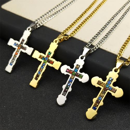 Stainless Steel Jewelry Necklace, 304 Stainless Steel, Cross, polished, Unisex & with rhinestone Approx 60 cm 