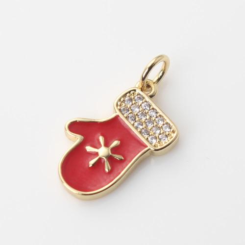 Cubic Zirconia Micro Pave Brass Pendant, Christmas Glove, gold color plated, DIY & micro pave cubic zirconia & enamel, red 