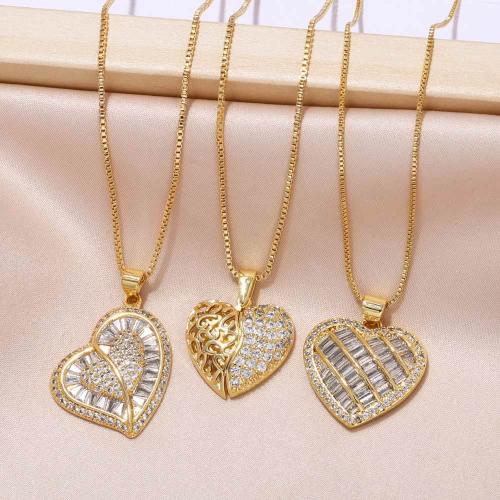 Cubic Zircon Micro Pave Brass Necklace, Heart, plated, fashion jewelry & micro pave cubic zirconia, golden 