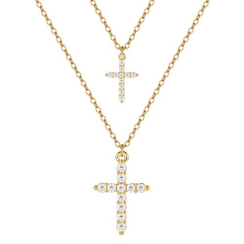 Collier en laiton strass, croix, Plaqué d'or 14K, Double couche & bijoux de mode & pour femme & avec strass, Vendu par PC
