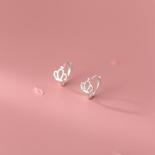 925 Sterling Silver Huggie Hoop Earring, Crown, plated, for woman & with rhinestone & hollow 9mm 