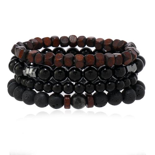 Gemstone Bracelets, Lava, with Glass Beads & Labradorite & Hematite & Wood, 4 pieces & punk style & for man, black cm 