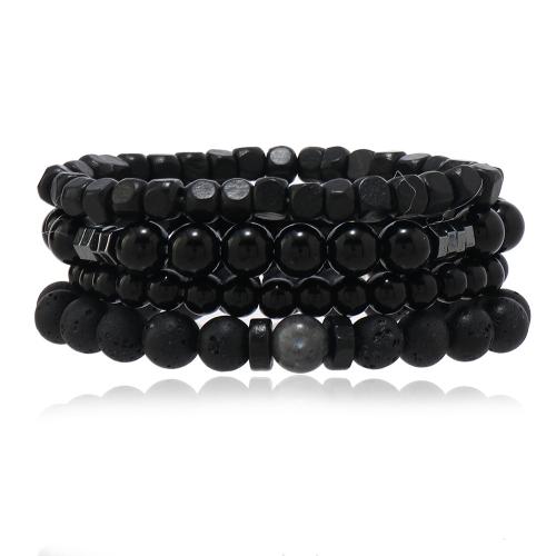 Gemstone Bracelets, Lava, with Glass Beads & Labradorite & Hematite & Wood, 4 pieces & punk style & for man, black Approx 19 cm 