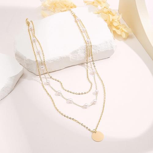 Zinc Alloy Necklace, with Plastic Pearl, with 7.5cm extender chain, plated, three layers & fashion jewelry & for woman, golden Approx 34.1 cm 