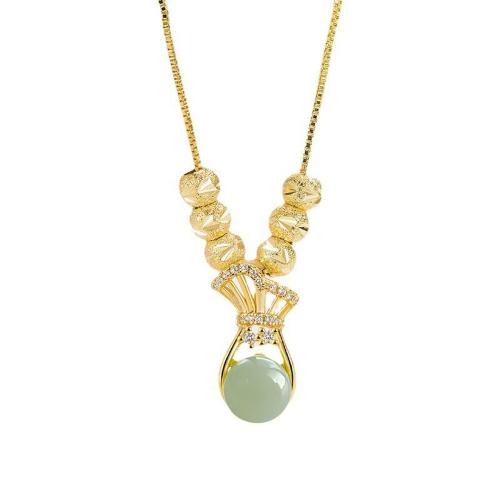 Cubic Zircon Micro Pave Brass Necklace, with Jade, with 5CM extender chain, plated, micro pave cubic zirconia & for woman, golden Approx 40 cm 