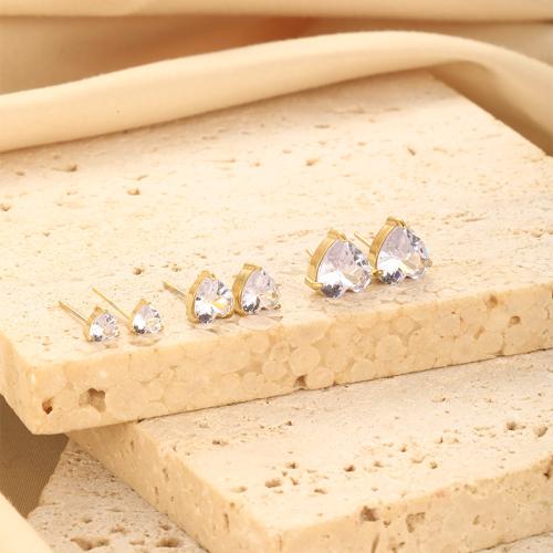 Stainless Steel Cubic Zirconia Stud Earring, 304 Stainless Steel, Heart, 18K gold plated, three pieces & fashion jewelry & micro pave cubic zirconia & for woman 