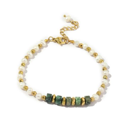 Gemstone Pearl Bracelets, Titanium Steel, with Natural Stone & Freshwater Pearl, Vacuum Ion Plating, fashion jewelry & for woman, mixed colors Approx 17.5-21.5 cm 
