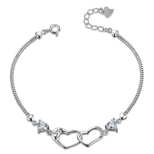 Sterling Silver Bracelets, 925 Sterling Silver, with 3cm extender chain, Heart, fashion jewelry & for woman & with rhinestone Approx 15 cm 