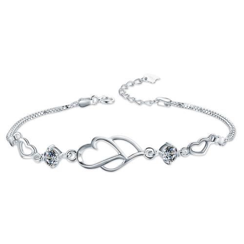 Sterling Silver Bracelets, 925 Sterling Silver, with 3cm extender chain, Heart, polished, fashion jewelry & for woman & with rhinestone Approx 16.5 cm 