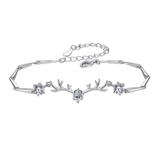 Cubic Zirconia Micro Pave Sterling Silver Bracelet, 925 Sterling Silver, with 4cm extender chain, Antlers, fashion jewelry & micro pave cubic zirconia & for woman Approx 16 cm 