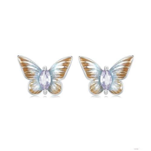 Cubic Zirconia Micro Pave Sterling Silver Earring, 925 Sterling Silver, Butterfly, plated, micro pave cubic zirconia & for woman & enamel, platinum color 