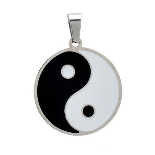 Enamel Stainless Steel Pendant, 304 Stainless Steel, Flat Round, polished, DIY, white and black 