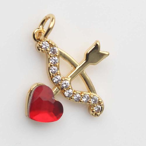 Cubic Zirconia Micro Pave Brass Pendant, Heart, gold color plated, DIY & micro pave cubic zirconia, red 