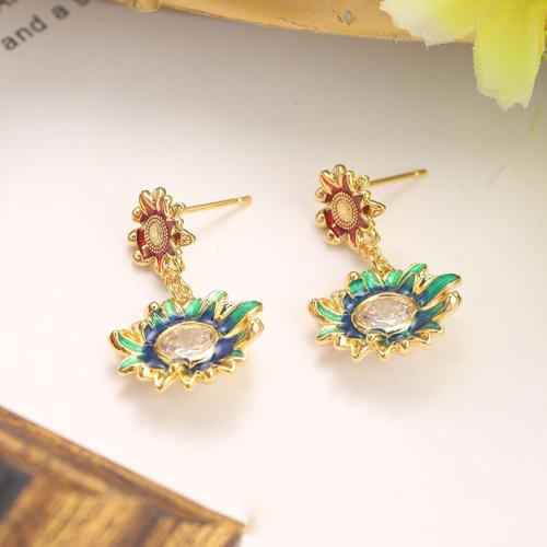 Zinc Alloy Rhinestone Drop Earring, Flower, plated, fashion jewelry & enamel & with rhinestone, multi-colored 