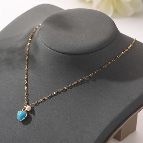 Zinc Alloy Necklace, with ABS Plastic Pearl & Synthetic Turquoise, with 6cm extender chain, Heart, plated, fashion jewelry, golden cm 