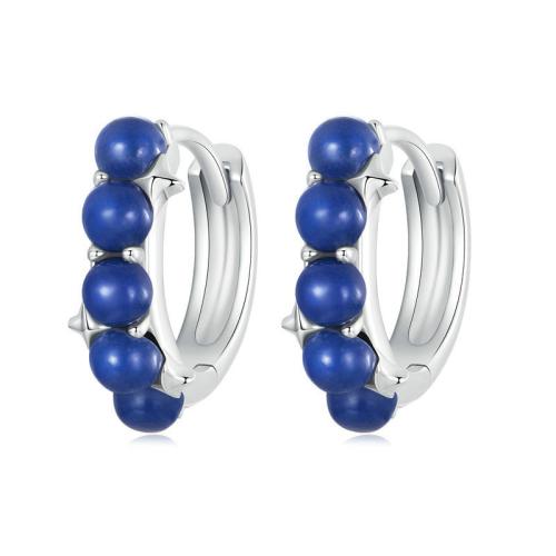 Sterling Silver Hoop Earring, 925 Sterling Silver, with Lapis Lazuli, plated, for woman, platinum color 