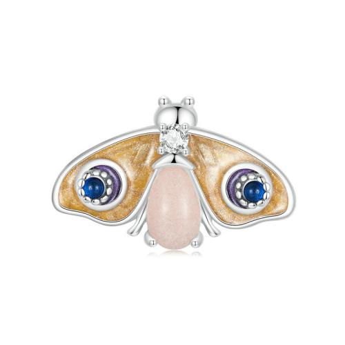 Enamel Sterling Silver European Beads, 925 Sterling Silver, with Spinel & Night-Light Stone, Butterfly, plated, DIY & micro pave cubic zirconia, platinum color [