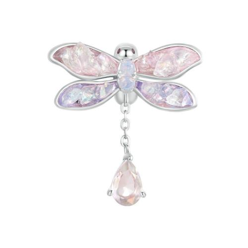 Sterling Silver European Pendants, 925 Sterling Silver, with Opal & Glass, Dragonfly, plated, DIY & micro pave cubic zirconia & enamel, platinum color Approx 4.5mm 