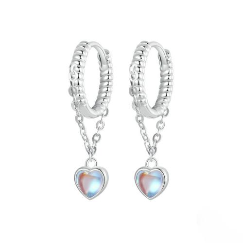 Sterling Silver Cubic Zirconia Earring, 925 Sterling Silver, with Moonstone, plated, for woman, platinum color 