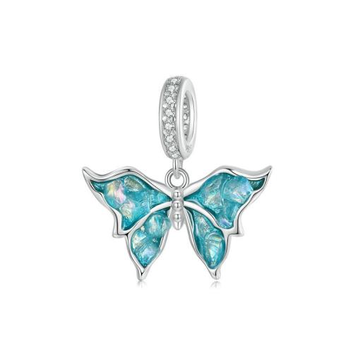Sterling Silver European Pendants, 925 Sterling Silver, with Glass, Butterfly, plated & micro pave cubic zirconia & for woman & enamel, platinum color 