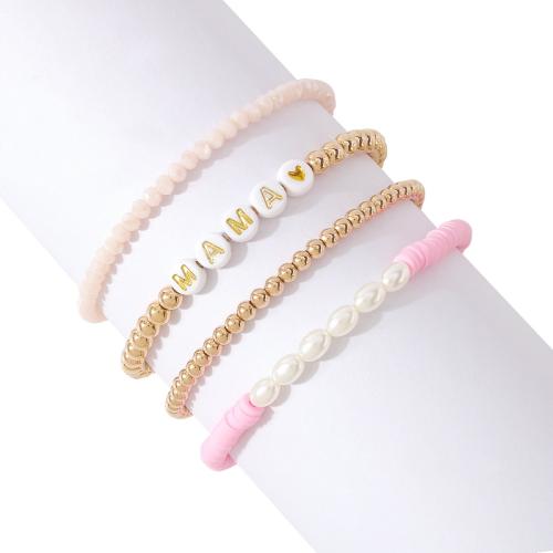 Zinc Alloy Bracelet Set, with Polymer Clay & Crystal & Resin & Plastic Pearl, gold color plated, 4 pieces & Mother Day Jewelry & for woman Inner Approx 50mm 