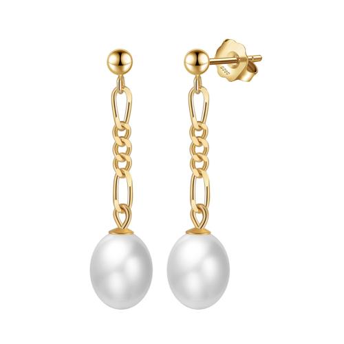 Sterling Silver Pearl Drop Earring, 925 Sterling Silver, with Freshwater Pearl, plated, for woman, golden, 31mm 