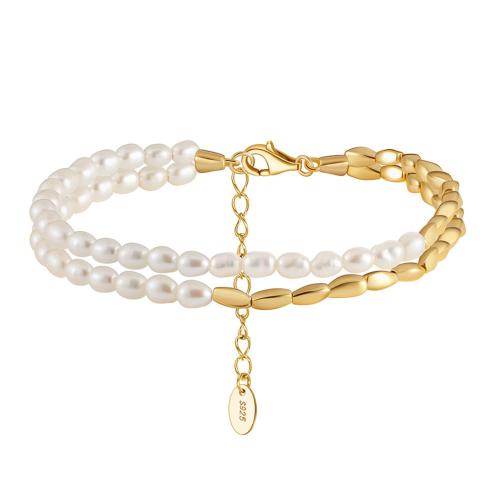 Pearl Sterling Silver Bracelets, 925 Sterling Silver, with Freshwater Pearl, with 5CM extender chain, plated, for woman, golden Approx 16.5 cm [