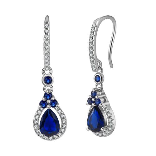 Cubic Zirconia Micro Pave Sterling Silver Earring, 925 Sterling Silver, with Sapphire, plated, micro pave cubic zirconia & for woman, platinum color, 31mm 
