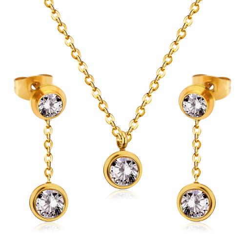304 Stainless Steel Jewelry Set, earring & necklace, gold color plated, 2 pieces & micro pave cubic zirconia & for woman Approx 17.7 Inch 