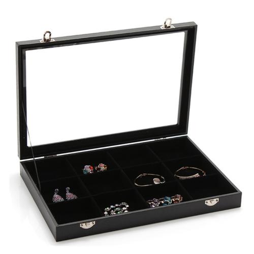 PU Leather Multifunctional Jewelry Box, with Composite Wood & Velveteen & Glass, Rectangle, dustproof & transparent black 