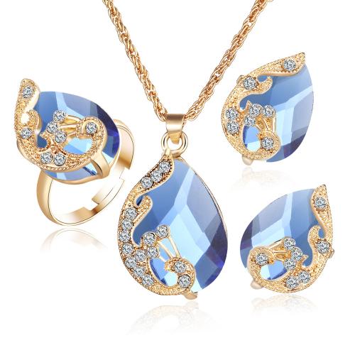 Crystal Jewelry Sets, Zinc Alloy, Stud Earring & finger ring & necklace, with Crystal, plated, three pieces & fashion jewelry & for woman, blue 