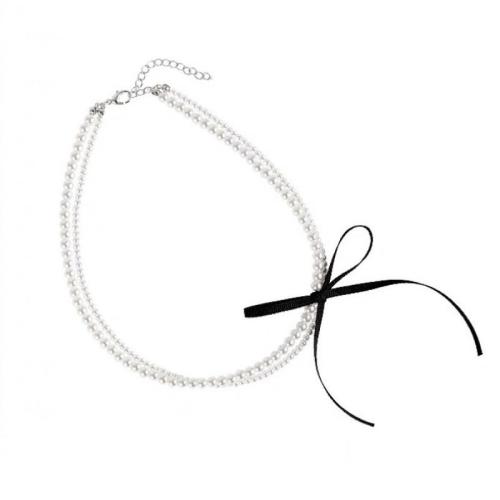 Fashion Choker Necklace, Plastic Pearl, with Cloth, with 6cm extender chain, handmade, Double Layer & fashion jewelry & for woman Approx 35 cm, Approx 36 cm 