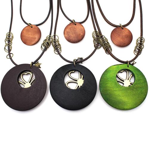 Zinc Alloy Necklace, with Wax Cord & Wood, plated, vintage & for woman cm 