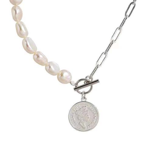 Collier de perles en plastique, alliage de zinc, avec perle de plastique, Placage de couleur argentée, bijoux de mode & pour femme, blanc Environ 45 cm, Vendu par PC
