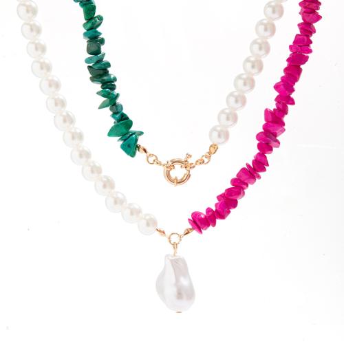 Collier de perles en plastique, perle de plastique, avec turquoise synthétique & alliage de zinc, avec 7cm chaînes de rallonge, fait à la main, Double couche & bijoux de mode & pour femme Environ 37 cm, Vendu par PC