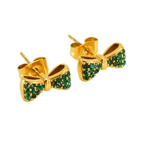 304 Stainless Steel Stud Earring, Bowknot, 18K gold plated, fashion jewelry & micro pave cubic zirconia & for woman 