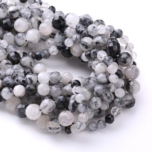 Perles Quartz rutile, Quartz rutile noir, Rond, bijoux de mode & DIY & normes différentes pour le choix & facettes, couleurs mélangées Environ 38 cm, Vendu par brin