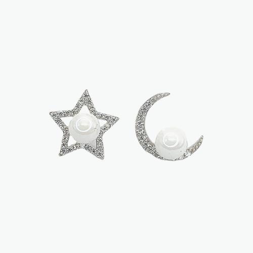 Asymmetric Earrings, 925 Sterling Silver, with Shell Pearl, Moon and Star, fashion jewelry & micro pave cubic zirconia & for woman 