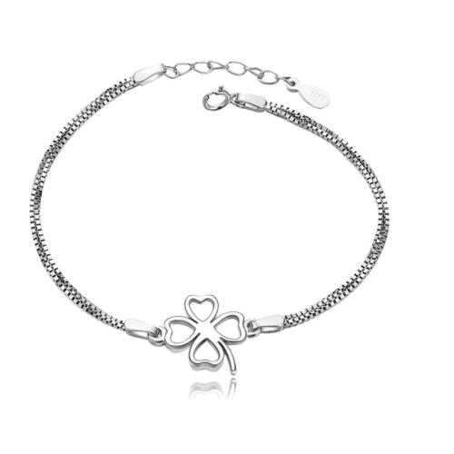 Bracelets en argent sterling, Argent sterling 925, avec 3cm chaînes de rallonge, Trèfle à quatre feuilles, Double couche & bijoux de mode & pour femme Environ 15 cm, Vendu par PC