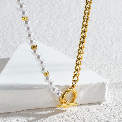 Plastik-Perlenkette, 304 Edelstahl, mit Kunststoff Perlen, goldfarben plattiert, für Frau, weiß, Länge:44 cm, verkauft von PC