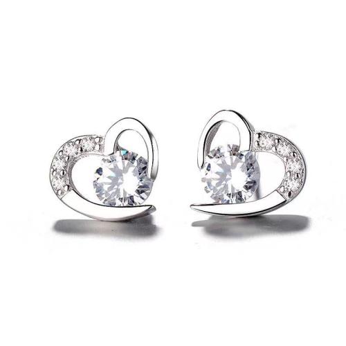 Cubic Zirconia Micro Pave Sterling Silver Earring, 925 Sterling Silver, Heart, micro pave cubic zirconia & for woman 9mm 